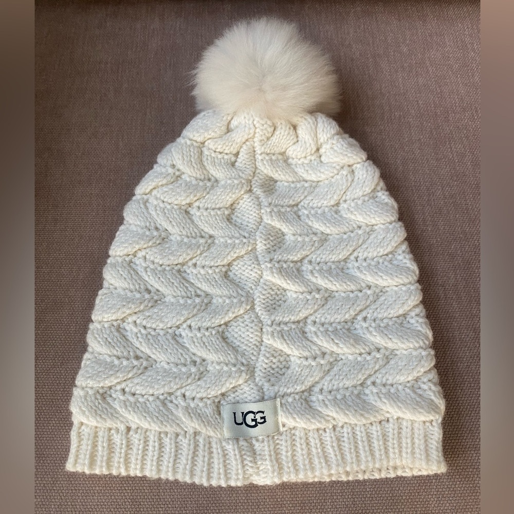 UGG White Knit Beanie Hat with Faux Fur Pom Pom